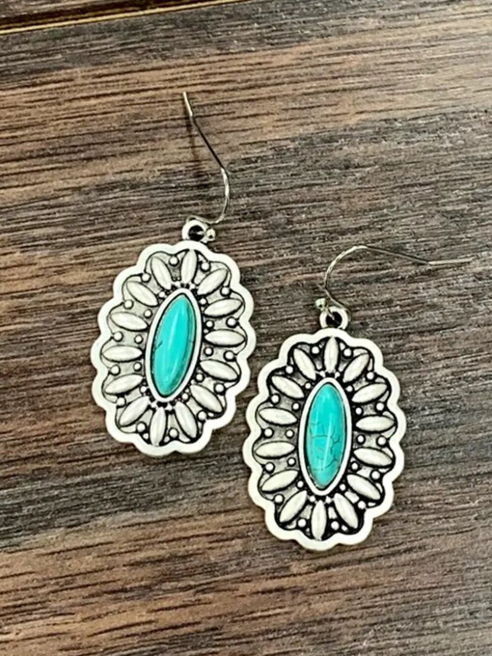 Turquoise Concho Earrings Western Boho Rodeo Southwestern Silver Dangles